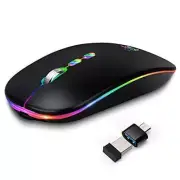LED Wireless Mouse, Slim Rechargeable Silent Portable USB Optical 2.4G Black