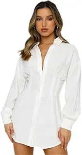 [Generic] Women's Pleated Long Sleeve Mini T Shirt Dress Lapel Collar Button Flared Short Dresses