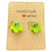 Brick Bumble Bees on Leaves Stud Earrings made with Genuine pieces