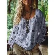 Women's Western Blouse Boho Shirt Blouse Flower Modern Casual Long Sleeve V Neck Regular Tops Daily Holiday Going out Print Light Green Pink Blue Purple Green