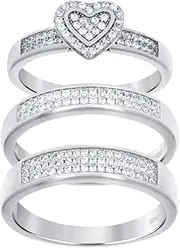 [JewelryWeb] 925 Sterling Silver White His and Hers CZ Simulated Diamond Love Heart Trio Ring 8.4x2.5mm Wide Size 6 Statement-Ring for Women