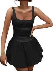 [Generic] Womens Tennis Golf Dress Backless Square Neck Mini Puffy Skirt Athletic Dresses Casual Comfort Sleeveless Hot Dress