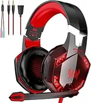 Gaming Headset, Bass Surround Gaming Headphones with Noise Cancelling Mic, LED Lights, Soft Memory Earmuffs for PS5/ PS4/ Xbox One Controller/Laptop/PC/Mac