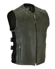Premium Perforated Stonewash Distressed Leather Motorcycle Biker Vest Waistcoat