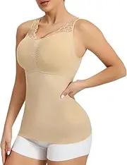 [Royalshape] Compression V Neck Tank Tops for Women - Shapewear With Built in Bra Tummy Lace Shapewear Camisole for Women