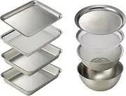 La Base YLM-9604 Tsubame Sanjo Stainless Steel Bowl & Plate, Round Colander, Shallow Colander, Stainless Steel Square Bat, Square Colander, Square Plate, Total of 8 Pieces, Made in Japan