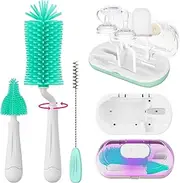 Baby Bottle Brush Set with Drying Rack,6 in 1 Brush Kit with Silicone Bottle Brush,Nipple Brush,Straw Brush,Drainable Base,Storage Box-Baby Essentials for Home and Travel (Green, Box-Shaped)