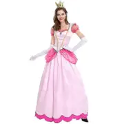 Women"s Super Mario Peach Cosplay Costume Pink Princess Dress + Gloves + Headdress Outfits Set Carnival Party M