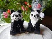 Panda bears Cake Topper Bride Groom Love Wedding Engagement Wood Statue