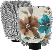 XYMZR Blue Brown Flower Absorbent Microfiber Car Wash Mitt, Funny Cute Anime Scratch Free for Cars Cleaning, Home Cleaning Mitts, 2 Pack, 10.24” L x 7.09” W