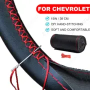 15" Black & Red DIY Steering wheel Cover Genuine Leather For Chevrolet Monza