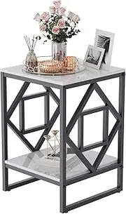 Marble Top Side Table Black: 2 Tier Square Geometric Rhombus Frame End Tables 40 x 58cm Sintered Stone Bedsides with Black Legs Modern White Marbles Nightstand Sofa Corner Table for Living Room