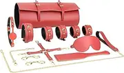 SAHOOSAFETY Bondage set restraints handcuffs leg irons blindfold mouth ball collar paddle traction chain restraint set with storage bag SM sex erotic sex toys(Rot)