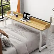 Overbed Table with 360° Wheels, Queen Full Size Mobile Laptop Desk, Over Bed Table with Baffle, Overbed Desk with Heavy Duty Metal Leg for Home Hospital(Wood,140 * 40 * 80cm)