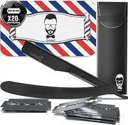 Razor Barber Set 20 Half Blades Case Leather Travel Sakkal Razor Hairdresser Men's Hand Beard Barber Professional Kit Classic Hand Care Precision Hairdressing Mechanics Beard Stencils (Black 2)