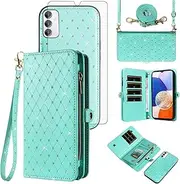 [Asuwish] Phone Case for Samsung Galaxy A14/M14 5G Zipper Wallet Detachable Cell Cover with Tempered Glass Screen Protector Crossbody Strap Glitter Flip Card Holder Slot A 14 4G 14A 14M G5 Women Teal
