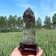 0.6kg Natural Ghost Quartz Obelisk Reiki Crystal Wand Point Tower Decor + Stand