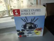 NEW IN BOX ROSHCO 16 PC ENAMEL FONDUE SET 6 FORKS/6 CERAMIC RAMEKINS