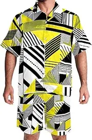 [KQNZT] Mens Hawaiian Sets, Mens 2 Piece Outfits, Men Beach Outfits Sets, Modern Geometric Pattern Triangle Stripes, Mens Summer Outfits