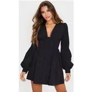 Black Button Front Fitted Puff Sleeve Skater Dress, Black