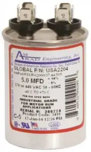 ROUND USA-MADE MOTOR RUN CAPACITOR, 5 MFD, 370/440 VAC Silver