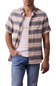 The Normal Brand Freshwater Short Sleeve Button-Up Shirt in Adobe Rose Stripe at Nordstrom, Size Small