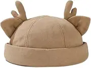 [DILINBAO] 2024 Cute Deer Antlers Ears Brimless Cap Fashion Docker Cap Beanie Hat Melon Hat Skull Cap Retro Sailor Hat Unisex(Khaki)