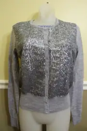 NWT ANN TAYLOR Women Gray/ Silver Sequined 100% Merino Wool Cardigan/Sweater/Top