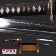 Clay Tempered Japanese Samurai Katana Sword Black Plum Flower Kashira Real Hamon