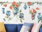 3D Removable Hanging Vases Plants Wall Decal DIY Peel and Stick Flower Vine Wall Stickers Watercolor Vases Floral Wall Decor for Kids Girls Bedroom Nursery Living Room Background Decoration