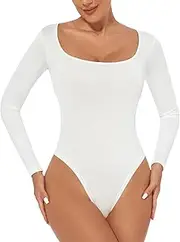 [ZPLxi] Women's Long Sleeve Bodysuits Scoop Neck Slim Fit Tops Thong Jumpsuit Stretchy Basic T Shirt Body Suits