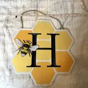 ASHLAND 3D Bee Hive Honey Comb H Initial Hang Art Sign Yellow Distressed Cute