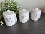 NEW RAE DUNN 3 PC SET SPICE JARS STORAGE CANISTERS & MEASURING SPOONS WHITE