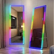 LVSOMT Full Length Mirror with LED Lights, 160 X 55 cm Full Body RGB Lighted Mirror, 7 Colours & Dimmable Lighting, Floor Mirror Standing/Leaning/Wall Mounted for Bedroom, Living Room (Black)