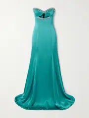[Sabina Bilenko] Sabina Bilenko - Strapless Cutout Crystal-embellished Satin Gown - Emerald - UK 10 UK 10 Green