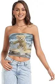 [RPLIFE] Cool Bear Tube Crop Tops for Women, Trendy Crop Tops, Mesh Tube Tops, Coquette Summer Clothes (S)