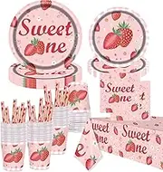 Strawberry Party Supplies Tableware Set 85PCS Serves 16 Guets,Strawberry Birthday Party Plates 9" 7" Paper Plates Napkins Cups 9OZ Straws Tablecloth for Strawberry Party Decoration