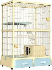 2-Tier Cat Enclosures, Large Cat Cage, Cat Playpen, Cat House Indoor, Detachable, with Litter Box, Metal Wire, with 2 Drawers, for Small Pets(Yellow)