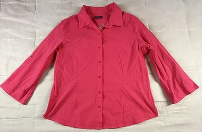NWT Westbound Pink Womens XL Preppy Stretch Roll Tab Sleeve Button Up Blouse