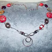 Pretty Statement Long Beaded Chunky Wired Artwork Red Beaded Silver Necklace