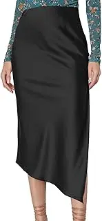 [EMOTTOS] Women's Satin Long Skirt, Sexy High Waist Elasticated Wrap Midi Skirts for Women, Elegant Asymmetrical Split A-Line Skirt, Black, S-XL, Black, M