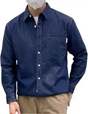 [Bciopll] Navy Blue Washed Vintage Denim Dress Shirt for Men Casual Retro Shirt Social Formal Busniess Slim Shirt