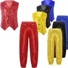 iiniim Kids Boys Girls Sequined V Neck Vest Pants Outfits Jazz Hip Hop Dancewear
