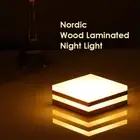 LED Night Light Square Wooden Desk Table Lamp USB Dimmable Bedroom Bedside Decor
