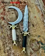 Handmade Damascus Druid's Crescent Moon Boline with Bone Handle for Ritual Work