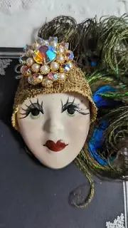 Flapper Girl Brooch Pin Porcelain Head Face w Black peacock Feather Hat 2"