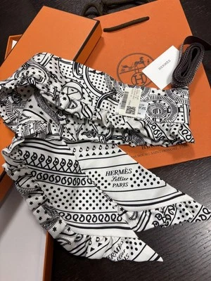 Hermes Aprondoll Twilly White Frilled Scarf UNUSED Women 7.89in Auth