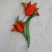 Orange Lily Flower Stained Glass Suncatcher - Lilium Window Panel Hanging Decor