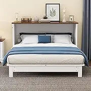 BIADNBZ Queen Size Murphy Bed Cabinet with Charging Station and Large Storage Drawer, Solid Wood Platform Bedframe, Foldable/Space Saving, for Home Office Small Room, White+Walnut