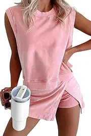 [KevaMolly] Womens Travel Outfits Summer Lounge Set Two Pieces Mineral Wash Cotton Tank Top Lined Split Athletic Skirt Set